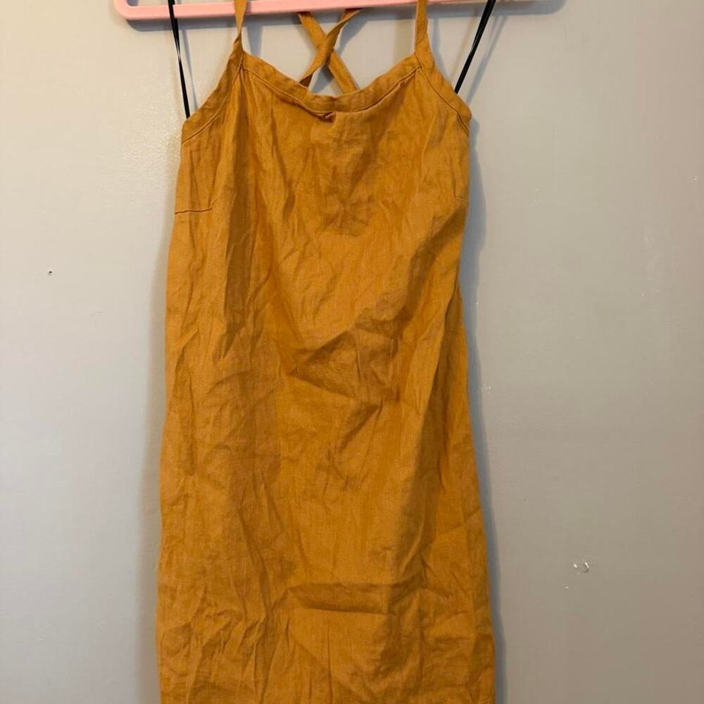 Monrow linen blend mini dress warm mustard/ochre golden brown color, size XS.